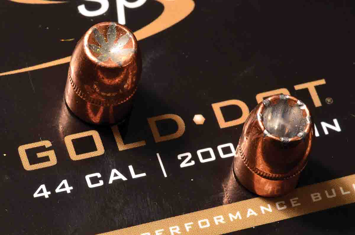 Speer 200- and 210-grain Gold Dots look identical in profile, but the (right) 200-grain version has a cavernous hollowpoint.